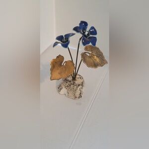 Enamel Flower Art Piece Mixed Materials Leaves 4 1/2” Decor